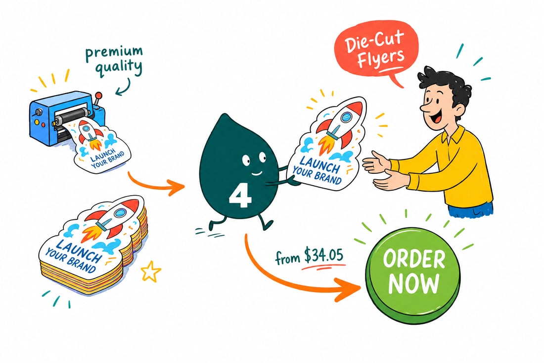 Wally the 4OVER4 mascot handing a custom die-cut flyer, printed full color in a rounded shape, across a counter to a happy customer, teal hand-drawn line art.