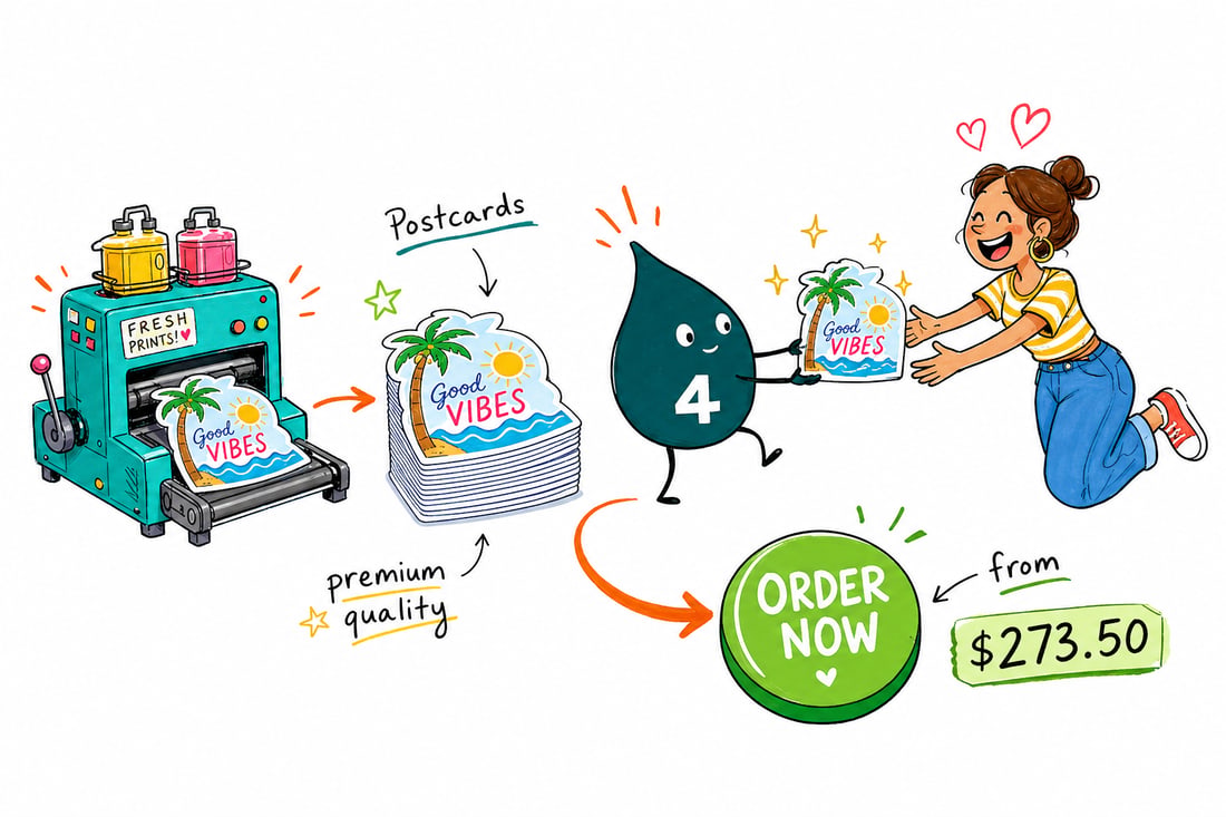 Wally the 4OVER4 mascot holding a glossy die-cut laminated postcard shaped like an arch, priced from $273.50 for 100, handing it across a counter, teal hand-drawn line art.