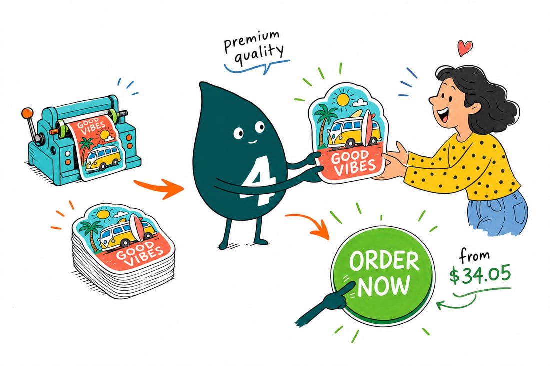 Wally the 4OVER4 mascot handing an oval die-cut postcard, priced at $34.05 for 50, across a counter to a happy customer, teal hand-drawn line art.
