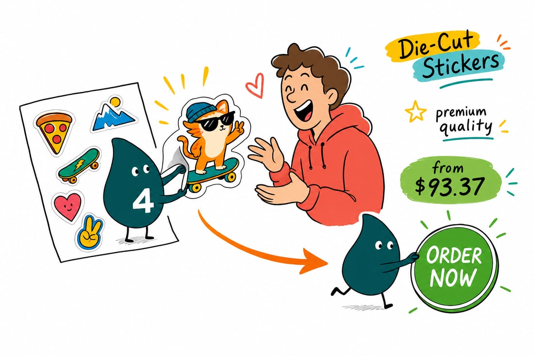 Wally the 4OVER4 mascot peeling a custom die-cut sticker shaped like a logo off its backing, priced at $93.37 for 25, teal hand-drawn line art.