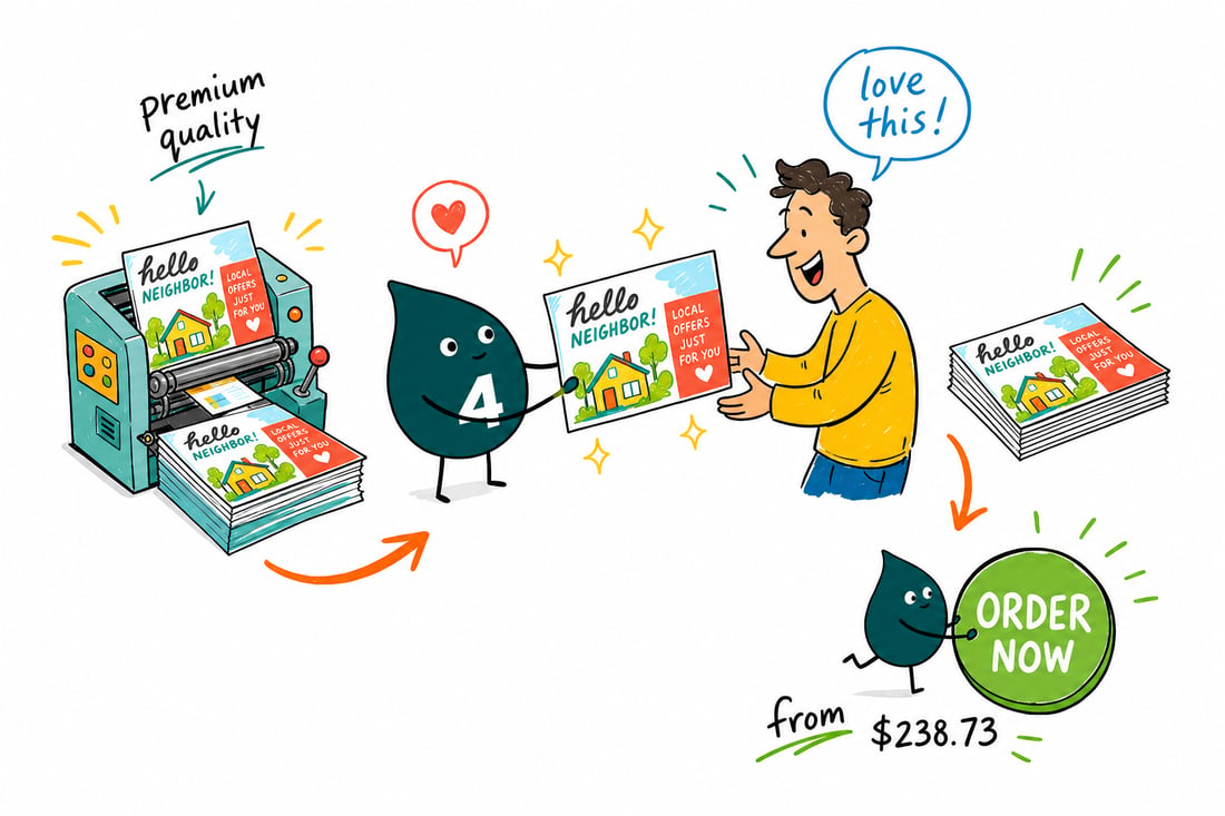 Wally the 4OVER4 mascot handing a folded full-color direct mail brochure, priced at $238.73 for 500, across a counter to a happy small business owner, teal hand-drawn line art.