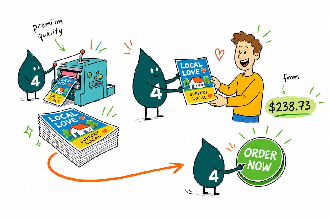 Wally the 4OVER4 mascot dropping a folded full-color direct mail flyer into a home mailbox, priced from $238.73 for 500, teal hand-drawn line art.