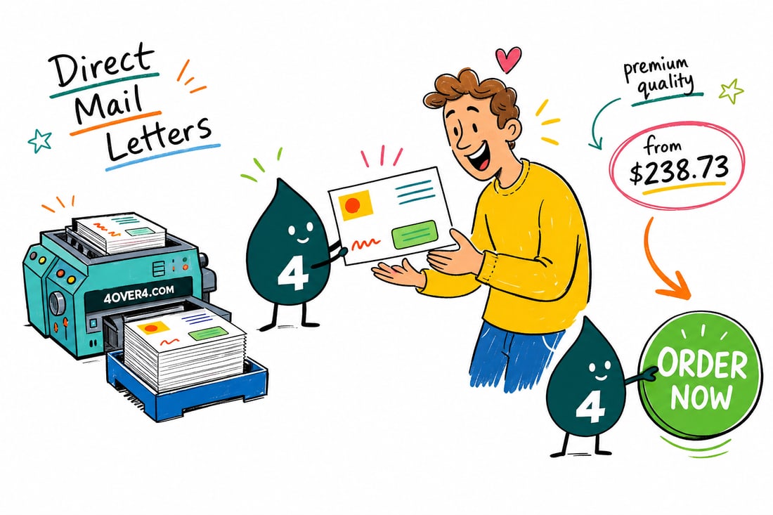 Wally the 4OVER4 mascot folding a printed direct mail letter and sliding it into an envelope, priced at $238.73 for 500, teal hand-drawn line art.
