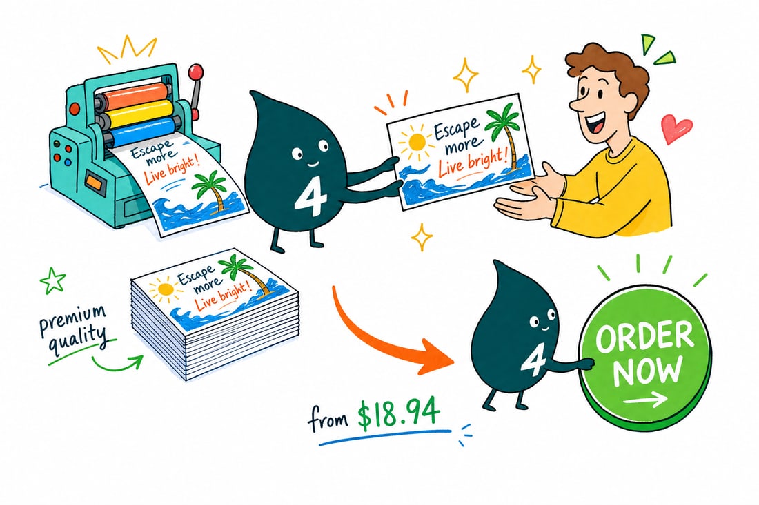 Wally the 4OVER4 mascot dropping a full-color direct mail postcard, priced at $89.68 for 500, into a home mailbox, teal hand-drawn line art.