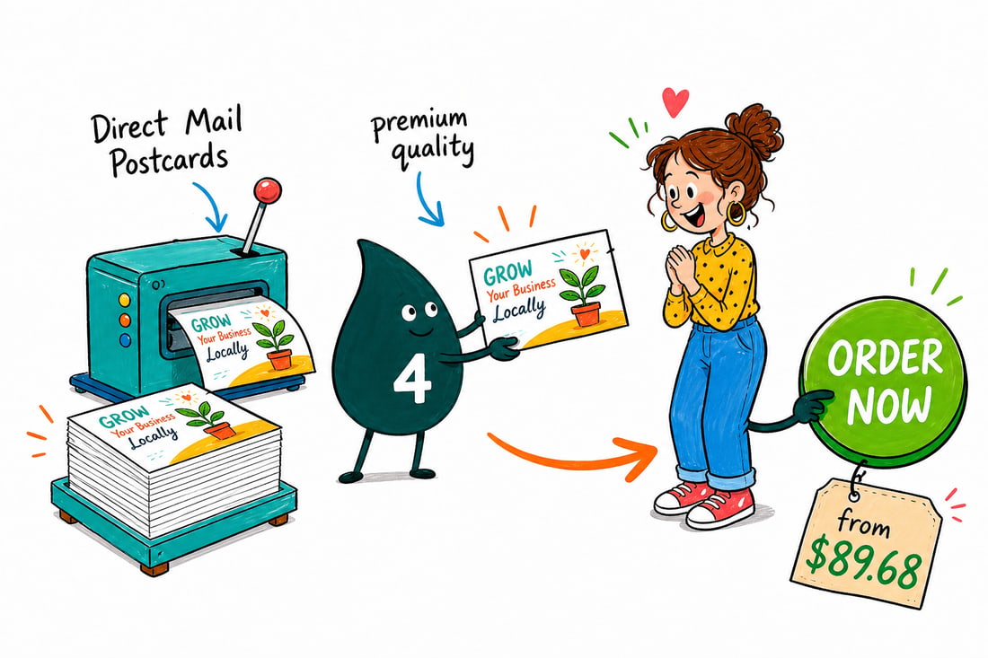 Wally the 4OVER4 mascot dropping a full-color direct mail postcard, priced at $89.68 for 500, into a home mailbox, teal hand-drawn line art.