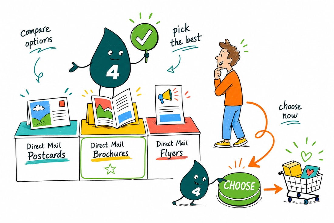 Wally compares Direct Mail Services options side by side at 4OVER4.COM
