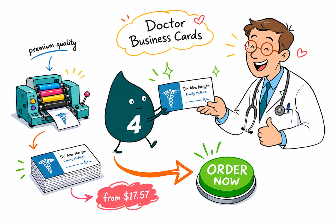 Wally the 4OVER4 mascot handing a clean doctor business card, priced at $17.57 for 100, across a reception desk to a physician, teal hand-drawn line art.