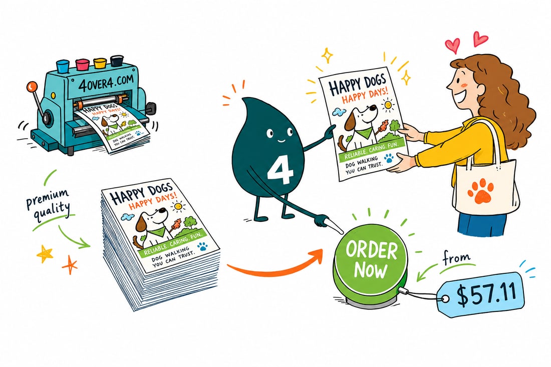 Wally the 4OVER4 mascot pinning a dog walking flyer priced at $39.54 for 50 onto a pet store bulletin board while a happy dog watches, teal hand-drawn line art.
