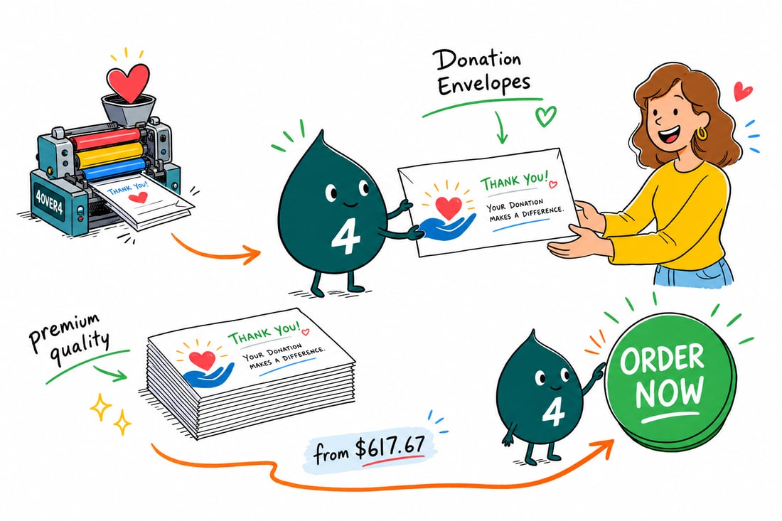 Wally the 4OVER4 mascot handing a printed #9 remittance donation envelope, priced from $617.67 for 250, to a smiling nonprofit volunteer, teal hand-drawn line art.