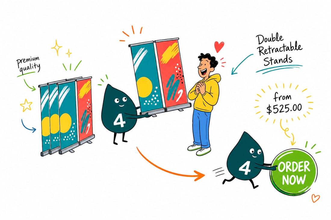 Wally the 4OVER4 mascot standing beside a two-sided double retractable banner stand priced from $525, both 33 by 81 inch faces printed, teal hand-drawn line art.