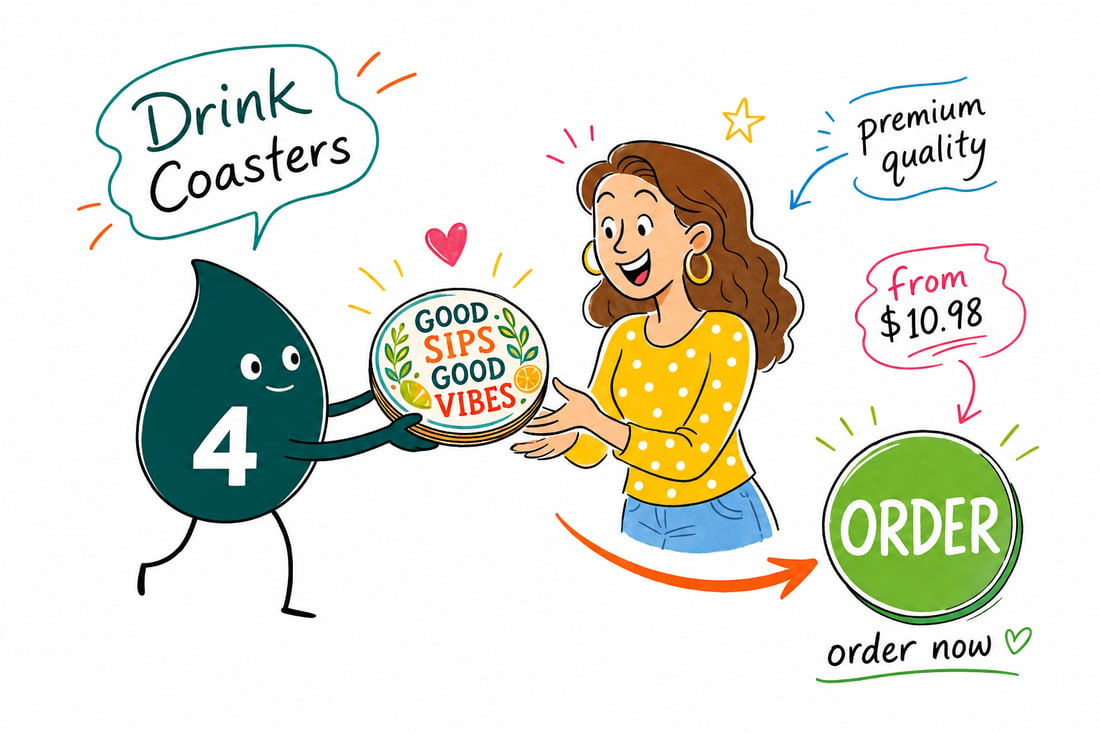 Wally the 4OVER4 mascot sliding a full-color round drink coaster, priced at $10.98 for 10, under a frosty glass on a bar, teal hand-drawn line art.