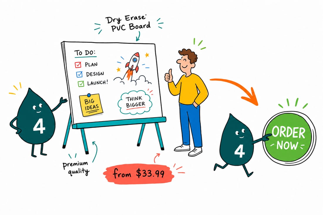 Wally the 4OVER4 mascot writing this week's schedule on a dry erase PVC board priced at $33.99, wiping it clean to rewrite, teal hand-drawn line art.