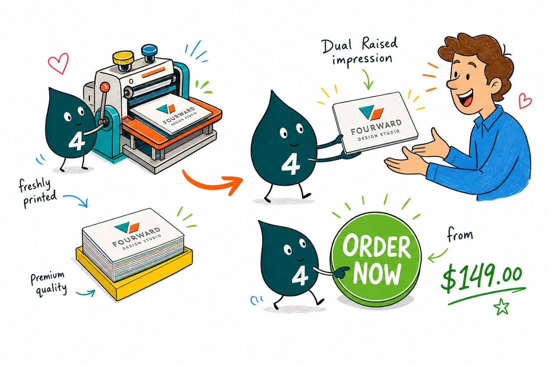Wally the 4OVER4 mascot handing a velvet-laminated dual raised business card with raised gold and silver foil, priced at $149 for 100, across a counter to a happy customer, teal hand-drawn line art.