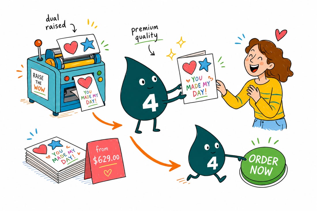 Wally the 4OVER4 mascot holding a folded 5 by 7 dual raised greeting card with raised gold and silver foil on the front, priced at $629 for 100, teal hand-drawn line art.