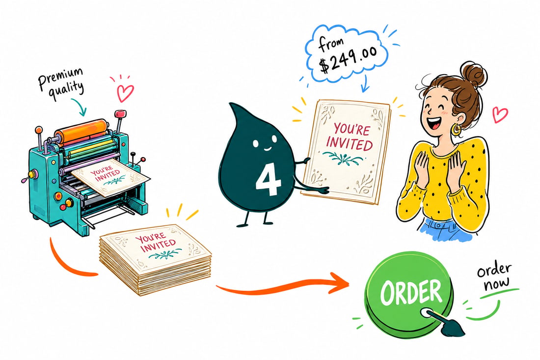 Wally the 4OVER4 mascot holding a dual raised invitation with raised gold foil lettering on a velvet card, priced at $249 for 100, teal hand-drawn line art.