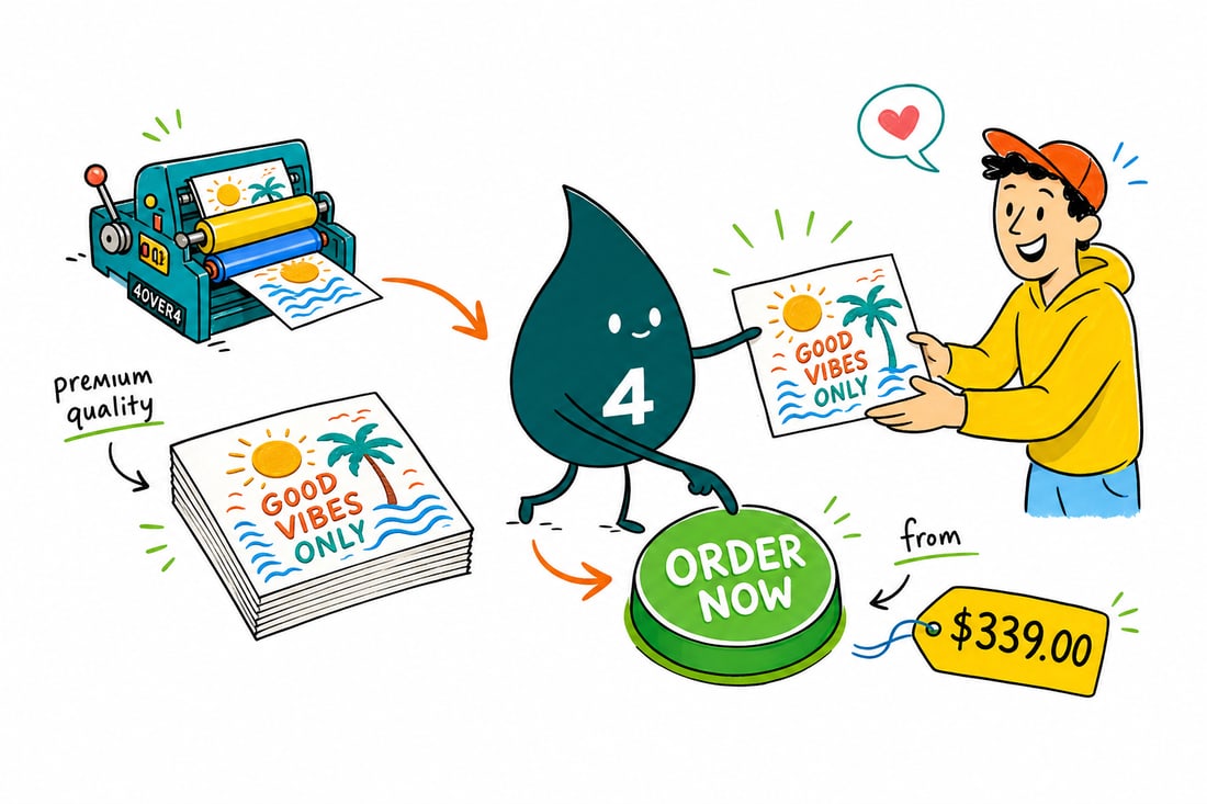 Wally the 4OVER4 mascot handing a velvet-laminated dual raised postcard with raised gold and silver foil, priced at $339 for 100, across a counter to a happy customer, teal hand-drawn line art.