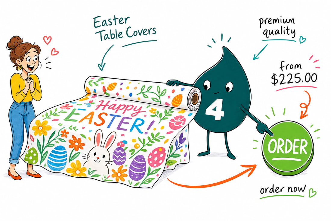 Wally the 4OVER4 mascot draping a pastel Easter table cover printed with eggs and flowers over a 6 foot folding table, teal hand-drawn line art.