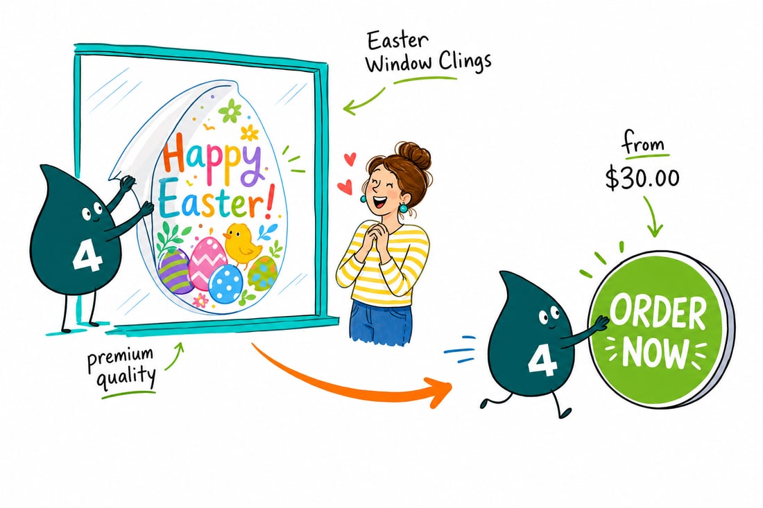 Wally the 4OVER4 mascot pressing a clear Easter window cling with a pastel egg design onto a storefront window, priced from $30, teal hand-drawn line art.