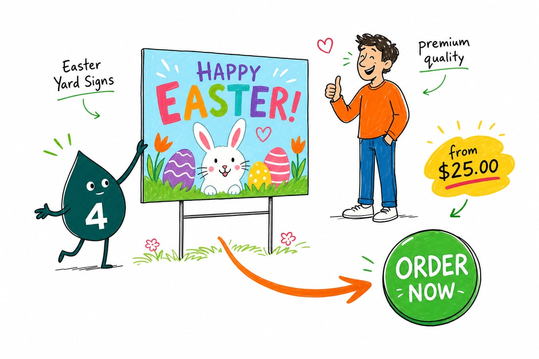 Wally the 4OVER4 mascot pushing a full color Easter yard sign on an H-stake into a green spring lawn, priced from $25, teal hand-drawn line art.