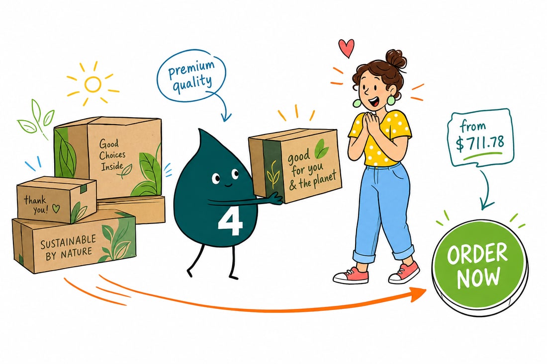 Wally the 4OVER4 mascot holding a custom-printed eco friendly box, priced from $711.78 for 250 units, teal hand-drawn line art.