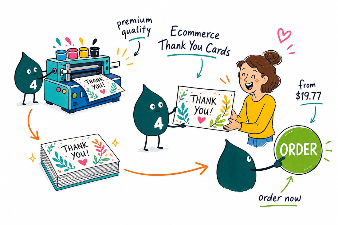 Wally the 4OVER4 mascot tucking a printed ecommerce thank you card into a shipping box beside a wrapped product, teal hand-drawn line art.