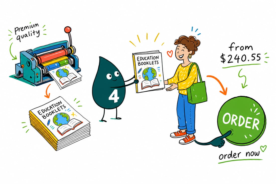 Wally the 4OVER4 mascot handing a saddle-stitched education booklet, priced from $240.55 for 25, to a student across a desk, teal hand-drawn line art.