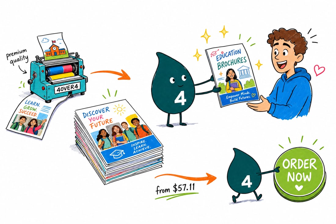 Wally the 4OVER4 mascot handing a folded education brochure, priced from $57.11 for 50, to a student at a campus open house, teal hand-drawn line art.