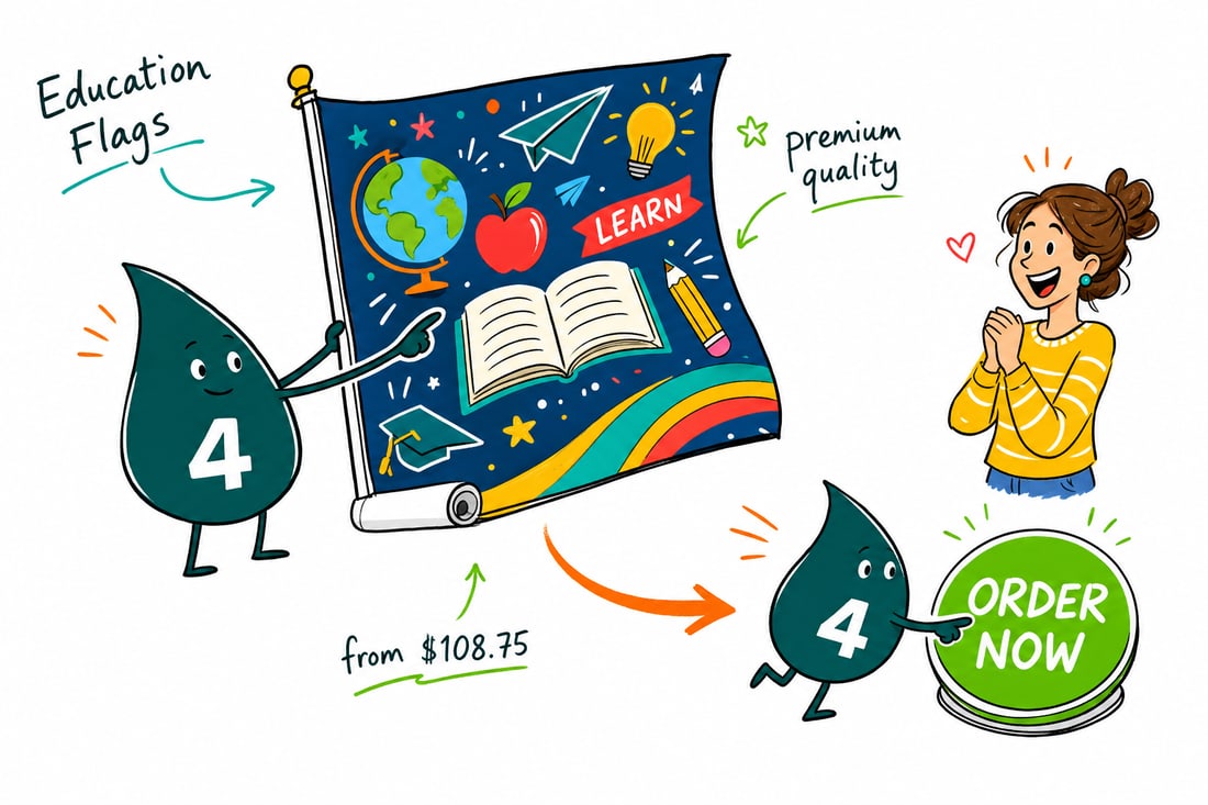 Wally the 4OVER4 mascot planting a tall education flag with a stake base on a school lawn, priced from $108.75, teal hand-drawn line art.
