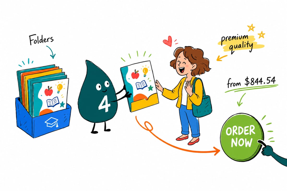 Wally the 4OVER4 mascot holding an open education presentation folder printed with a school crest, its pockets stuffed with a welcome letter and a campus map, teal hand-drawn line art.