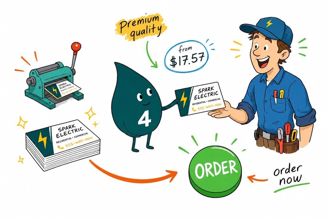 Wally the 4OVER4 mascot handing an electrician business card, priced at $17.57 for 100, to a homeowner beside an electrical panel, teal hand-drawn line art.
