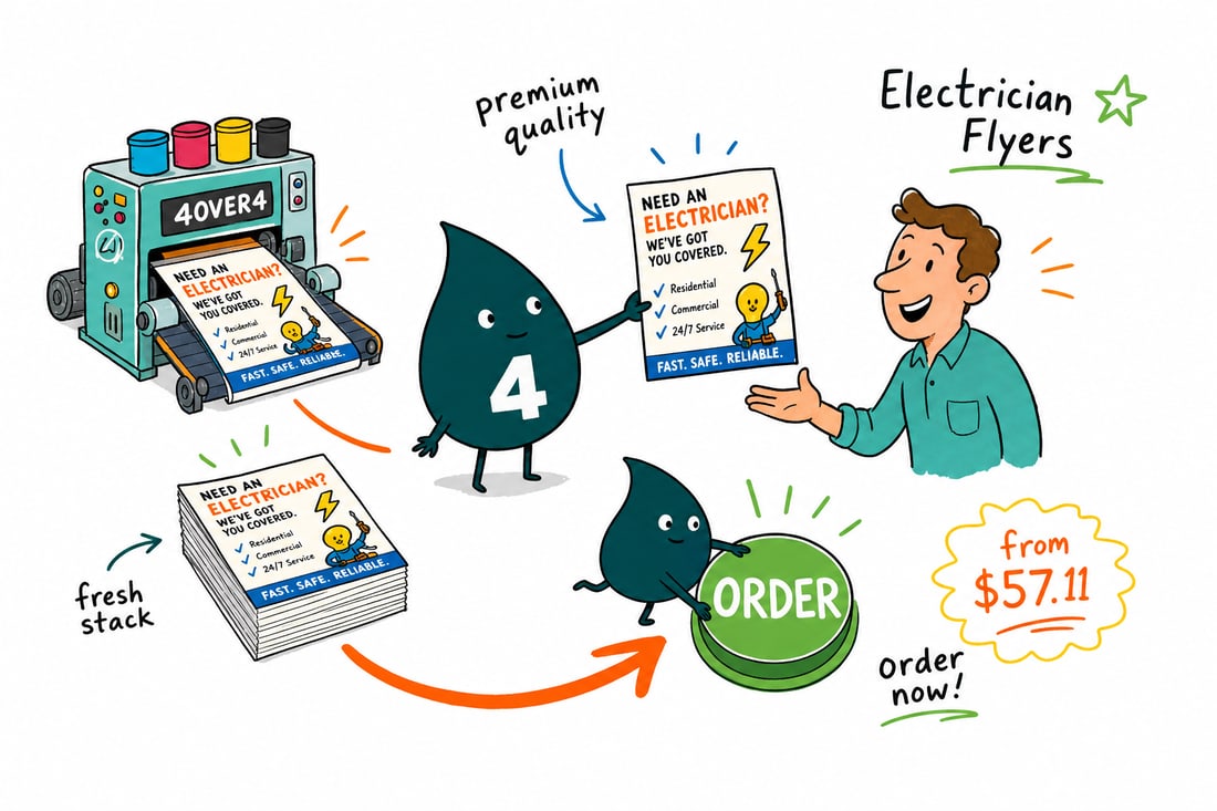 Wally the 4OVER4 mascot in an electrician's tool belt handing a full-color electrician flyer to a homeowner outside a house, teal hand-drawn line art.