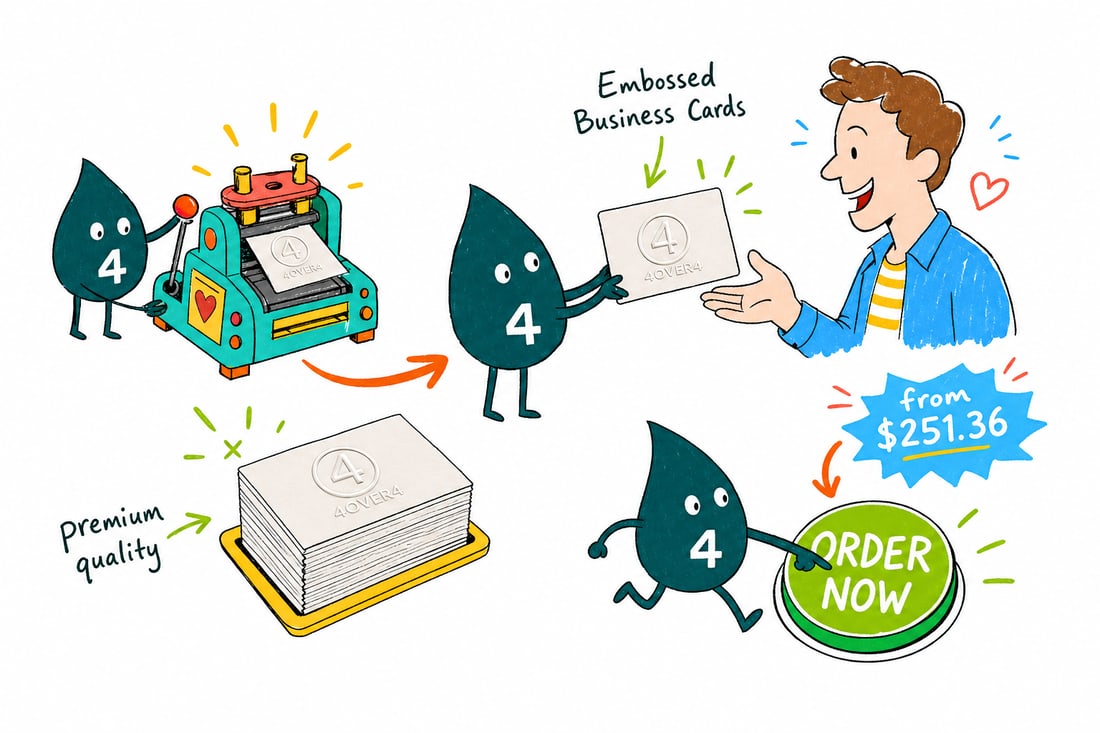 Wally the 4OVER4 mascot pressing a raised design up into a thick business card with a metal die, showing the embossed logo standing proud, priced from $251.36 for 250, teal hand-drawn line art.