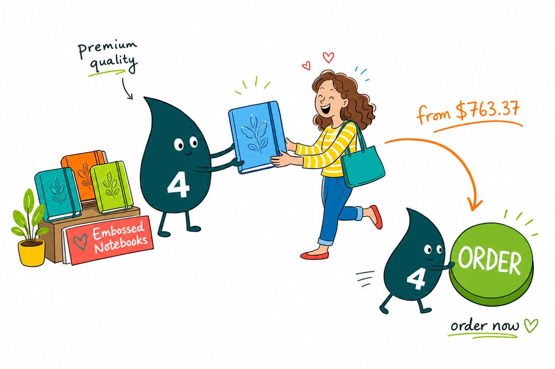 Wally the 4OVER4 mascot handing a wire-o bound embossed notebook with a dimensional 3D lenticular front cover across a counter to a happy customer, teal hand-drawn line art.