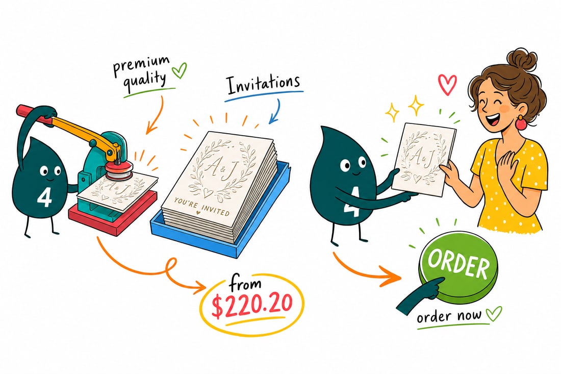 Wally the 4OVER4 mascot holding an embossed wedding invitation with raised lettering, priced from $220.20 for 100, handing it across a table, teal hand-drawn line art.