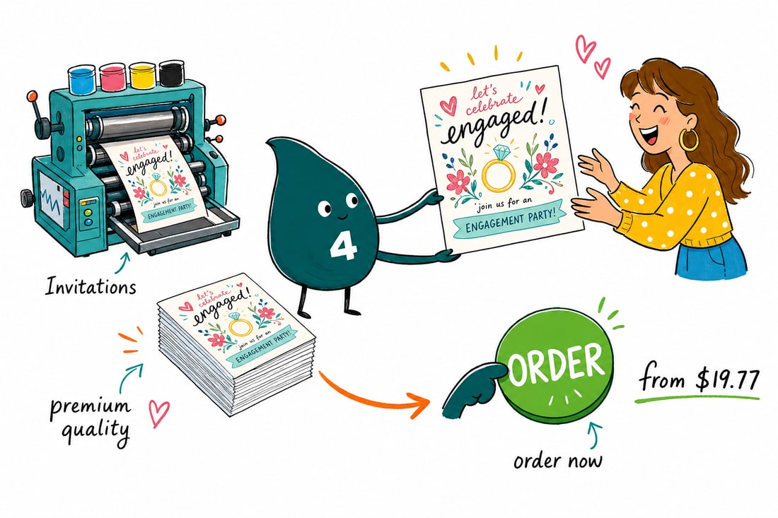 Wally the 4OVER4 mascot handing a 5 by 7 inch engagement party invitation with a matching envelope, priced at $19.77 for 25, across a counter to a happy couple, teal hand-drawn line art.