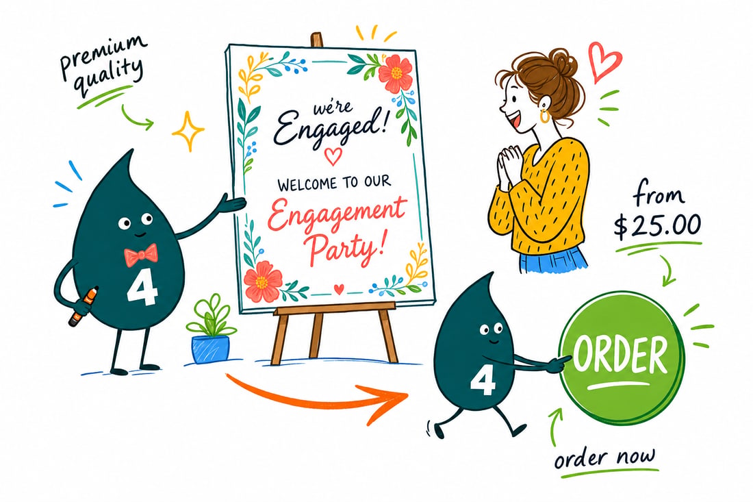Wally the 4OVER4 mascot setting up a welcome engagement party sign on an easel by a decorated party entrance, teal hand-drawn line art.