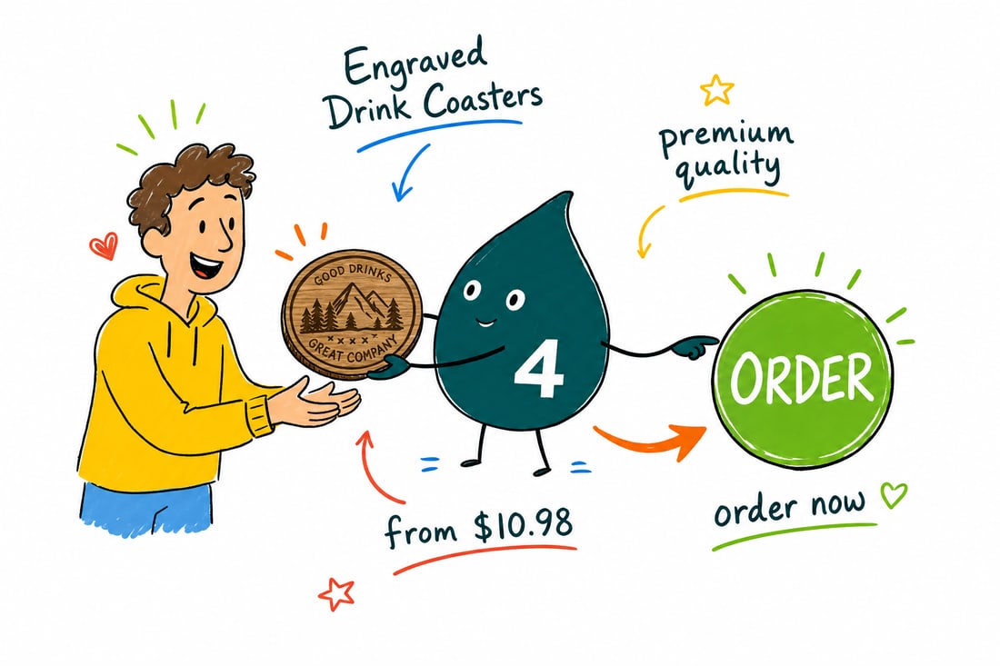 Wally the 4OVER4 mascot setting a full-color engraved drink coaster, priced at $10.98 for 10, under a frosty glass on a bar, teal hand-drawn line art.