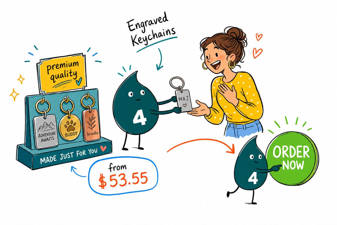 Wally the 4OVER4 mascot handing an engraved keychain, priced at $53.55 for 25, across a counter to a happy customer, teal hand-drawn line art.