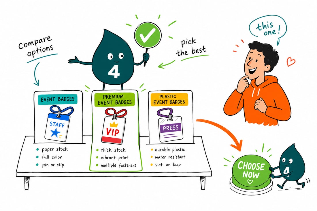 Wally compares Event Badges options side by side at 4OVER4.COM