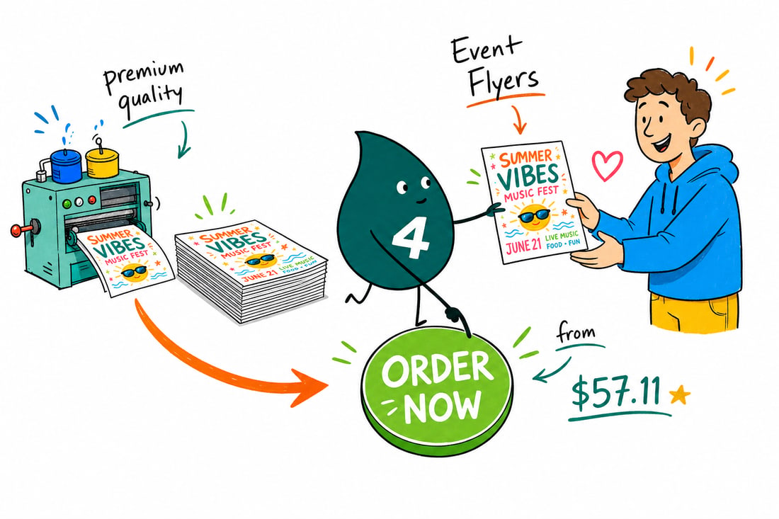 Wally the 4OVER4 mascot handing a bright full-color event flyer, priced at $57.11 for 50, to a person in a busy crowd, teal hand-drawn line art.