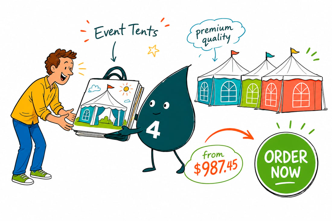 Wally the 4OVER4 mascot standing under a printed 10 by 10 event tent canopy priced at $987.45, welcoming a customer into a branded outdoor booth, teal hand-drawn line art.