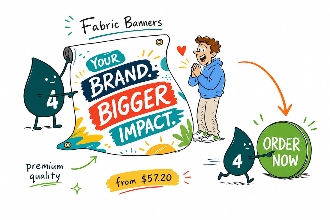 Wally the 4OVER4 mascot hanging a full color polyester fabric banner priced from $57.20 behind a trade show booth, teal hand-drawn line art.