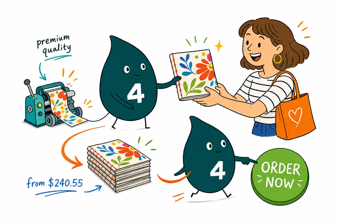 Wally the 4OVER4 mascot holding an open saddle-stitched fabric booklet full of color fabric swatches, priced from $240.55 for 25, teal hand-drawn line art.