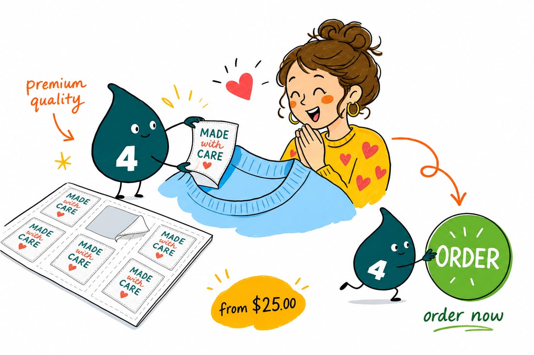 Wally the 4OVER4 mascot pressing a freshly printed custom fabric label, priced from $25, onto a product jar, teal hand-drawn line art.