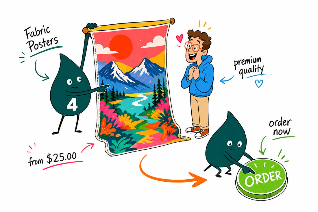 Wally the 4OVER4 mascot unrolling a large fabric poster printed with a bold graphic, priced from $25, teal hand-drawn line art.