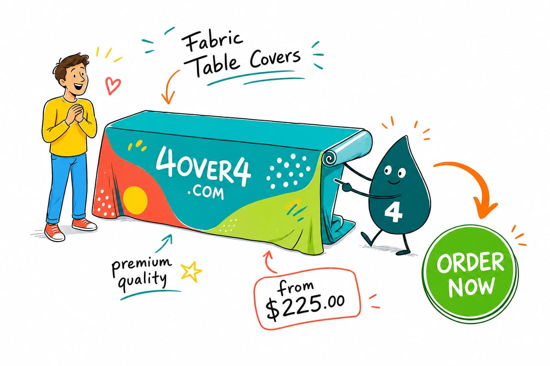 Wally the 4OVER4 mascot draping a full-color printed fabric table cover over a 6-foot folding table at a trade show booth, teal hand-drawn line art.