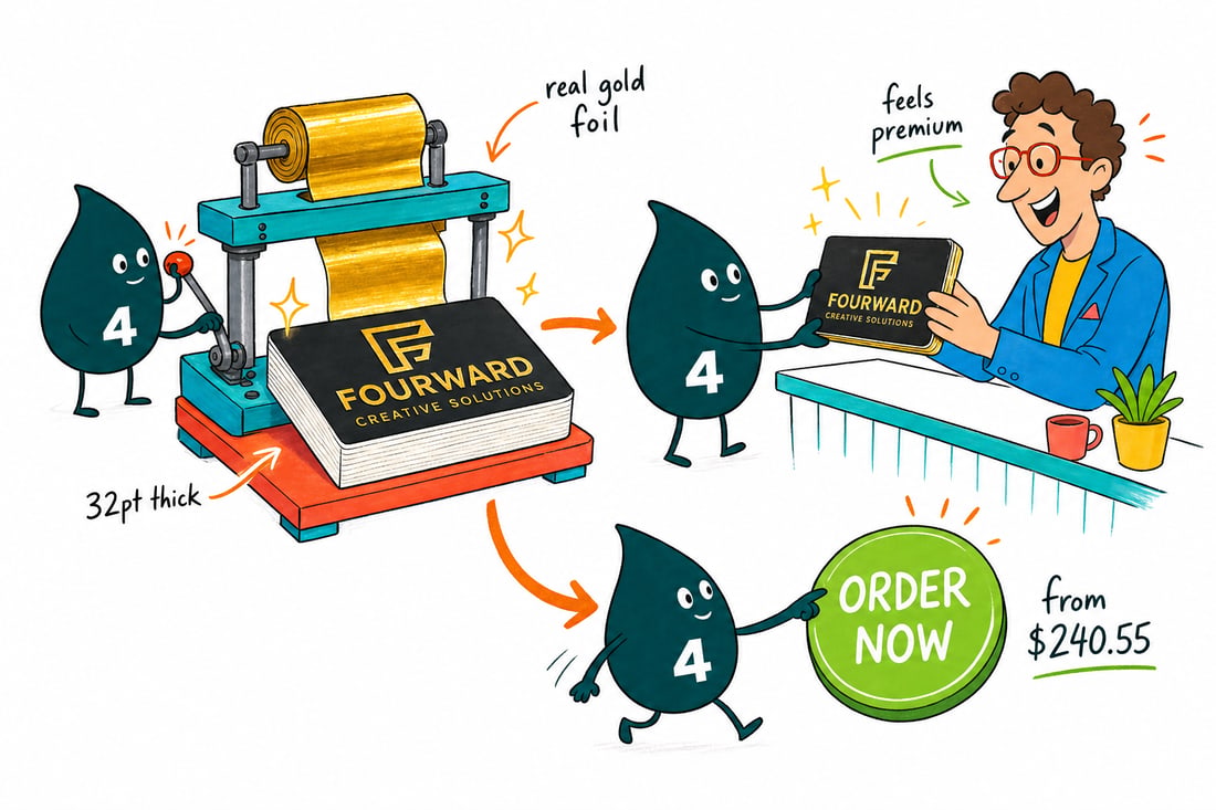 Wally the 4OVER4 mascot pressing gold foil onto a thick 32pt business card priced at $240.55 for 250, handing the gleaming card across a counter to a happy customer, teal hand-drawn line art with colorful accents.