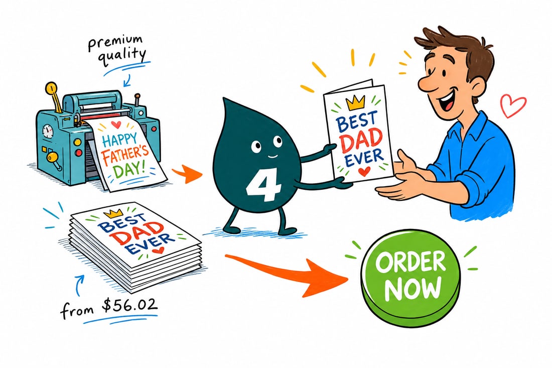 Wally the 4OVER4 mascot handing a folded Fathers Day greeting card, priced from $56.02 for 50, across a counter to a happy customer, teal hand-drawn line art.