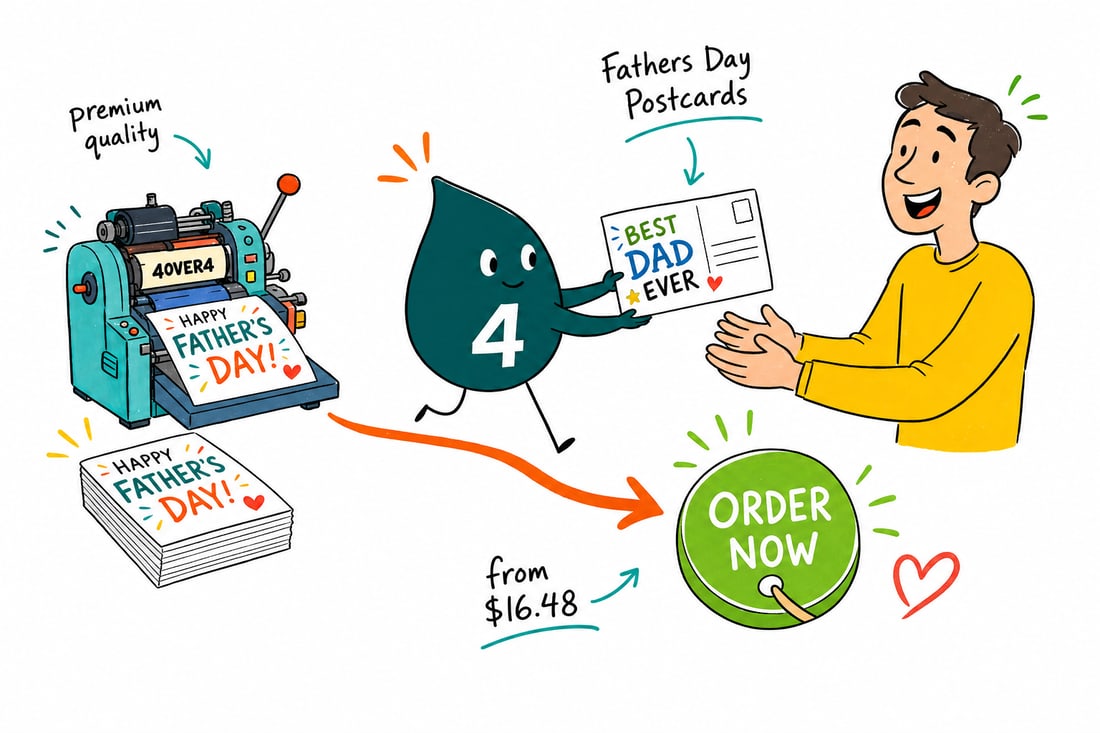 Wally the 4OVER4 mascot handing a full-color Father's Day postcard, priced from $16.48 for 50, across a counter to a happy customer, teal hand-drawn line art.