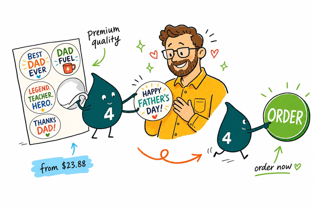 Wally the 4OVER4 mascot peeling a bright Fathers Day sticker from a sheet and pressing it onto a wrapped gift, teal hand-drawn line art.